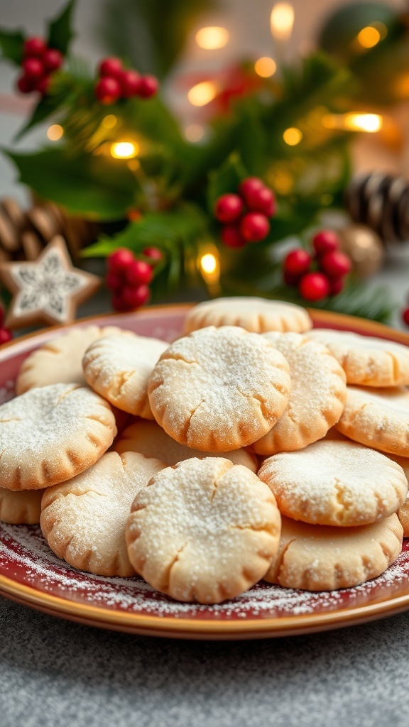Mexican Christmas Cookies Recipe A plate of traditional Mexican Christmas cookies dusted with powdered sugar, set against a festive holiday backdrop.